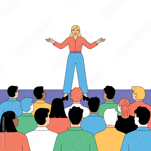 A confident woman standing on a purple stage addressing a diverse audience of people