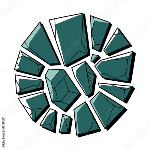 A broken teal crystal circle on a white background with shattered pieces