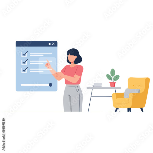 Remote work concept with woman interacting with large digital screen