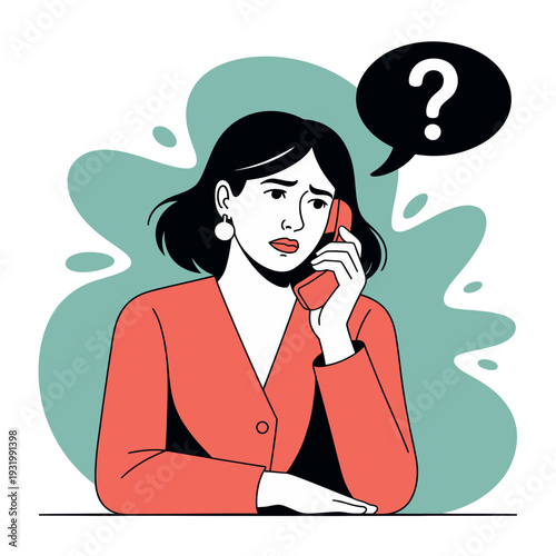 A confused businesswoman talking on the phone with a question mark above her head