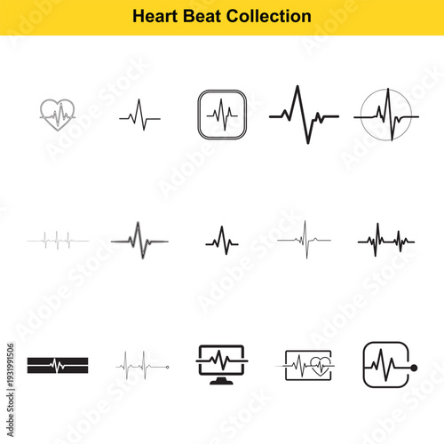 Diverse collection of heart beat line icons and electrocardiogram symbols represents medical monitoring and cardiovascular health concepts.