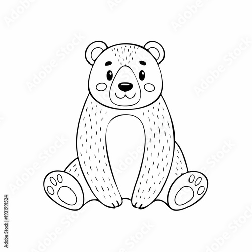 Cute Bear Illustration: A charming illustration of a friendly bear, drawn in a simplistic style, sitting comfortably with its paws forward, displaying an endearing smile. 