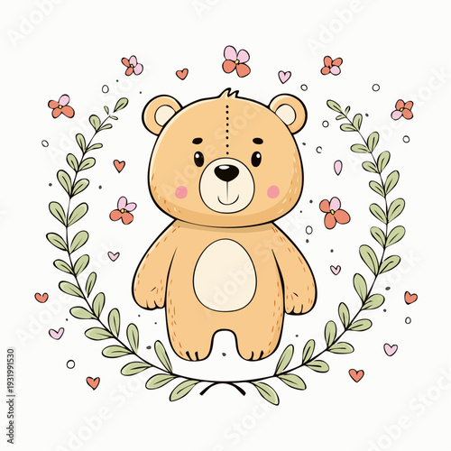 Teddy Bear Adorned with Floral Wreath: A cuddly teddy bear is embraced by a delicate wreath of greenery and blossoms, a charming scene radiating warmth and affection.