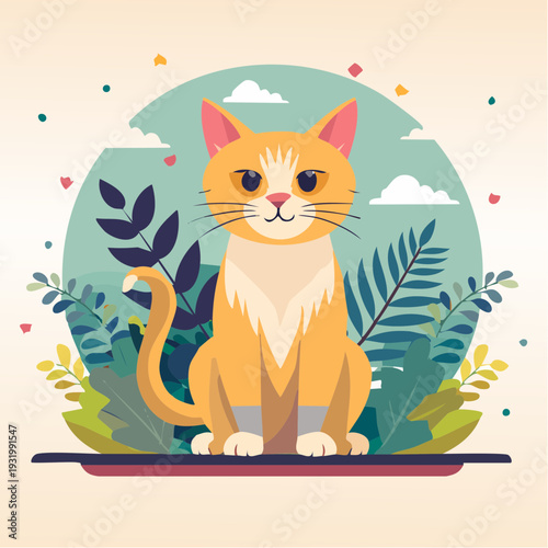 Whiskered Watchfulness: An orange cat sits serenely amidst a vibrant array of foliage, its eyes fixed forward with calm curiosity and soft expression.