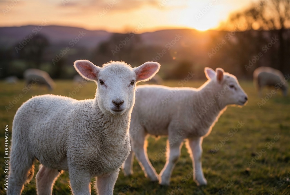 Obraz premium Cute white lamb standing in green pasture field during golden sunset
