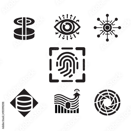 Cyber Security and Biometric Data Protection Icon Set – Fingerprint Scan, Database, AI Analytics, Privacy Symbols, Black Solid Vector Collection