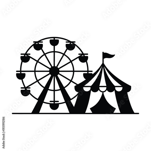 Ferris wheel and circus tent icons depict a classic amusement park.