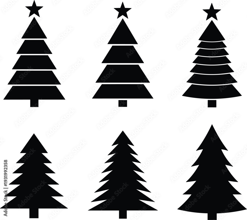 Obraz premium Set of black Christmas tree silhouettes with stars and pine branch details for winter holiday greeting cards, festive patterns, and decorations