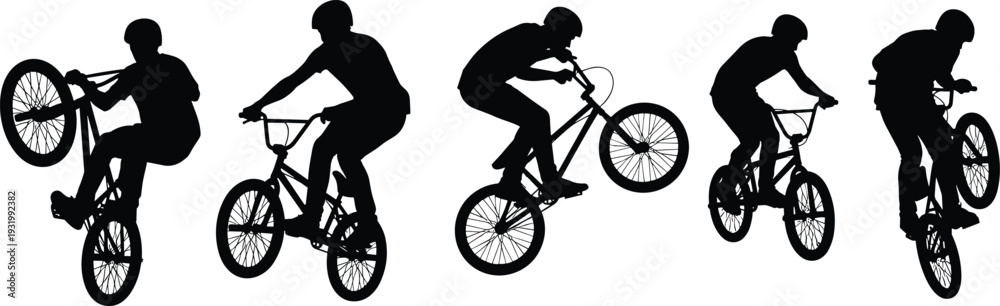Naklejka premium Set of black silhouettes of a professional BMX rider performing various stunts, jumping, wheelie, and freestyle tricks on white background