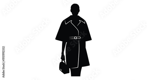 A striking black silhouette of a woman in a long coat and belt silhouette