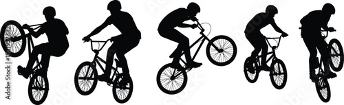 Set of black silhouettes of a professional BMX rider performing various stunts, jumping, wheelie, and freestyle tricks on white background