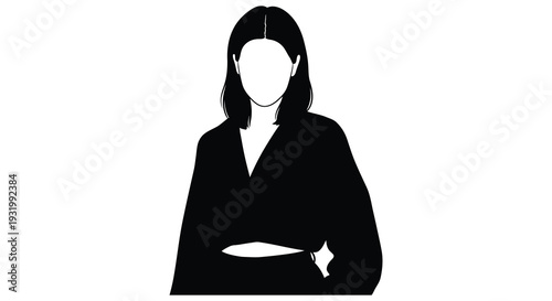 A stark black silhouette of a woman with long hair facing forward silhouette
