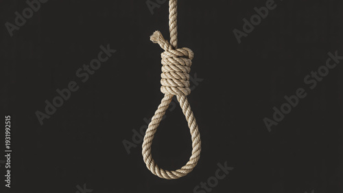 A hangman's noose made of thick rope against a dark, plain background.