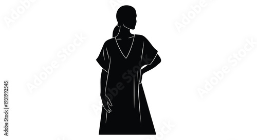A dark silhouette of a woman in a loose dress minimalist style silhouette