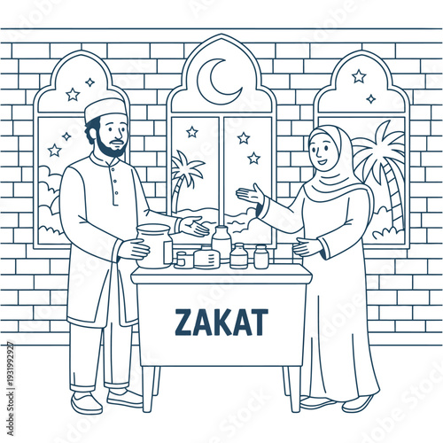 Muslim couple stands at table collecting Zakat charity money donation.
