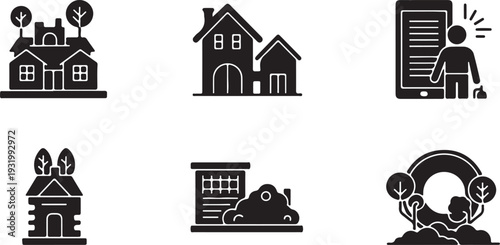 Clean vector icons representing eco-friendly homes and natural elements, symbolizing sustainable living and environmental consciousness.