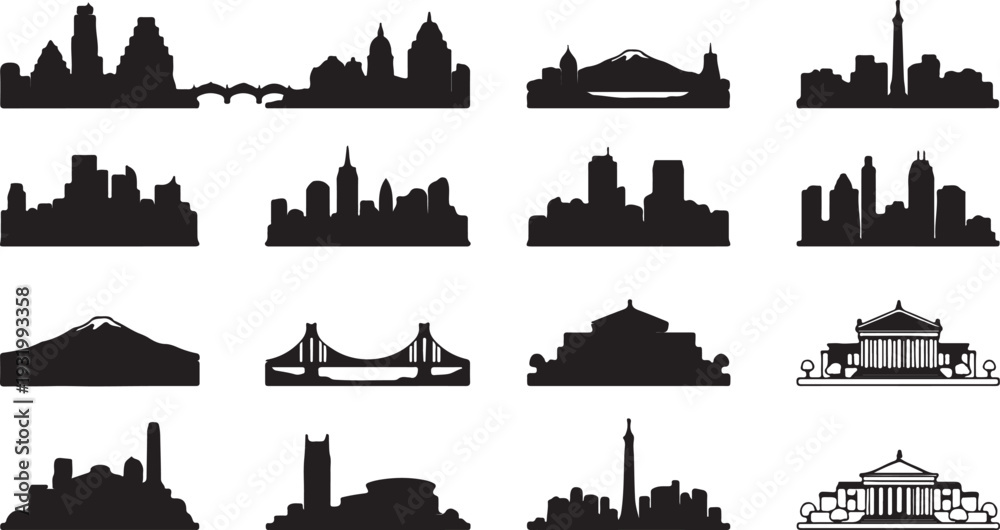 Obraz premium Diverse US City Skylines: Collection of American Urban Silhouettes for Branding and Design