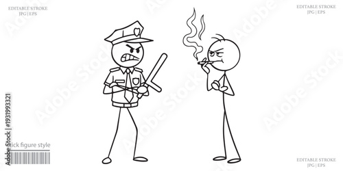 Stick Figure Cartoon Tough Cop Smoking Cigarette with Baton