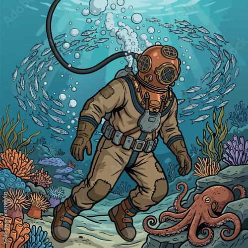 Vintage diver exploring sea floor with octopus and fish