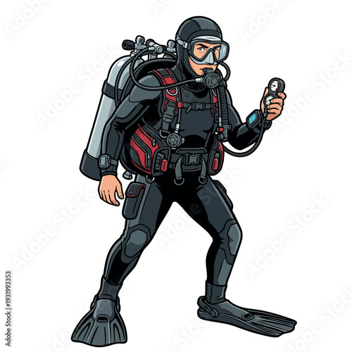 Professional scuba diver standing with pressure gauge