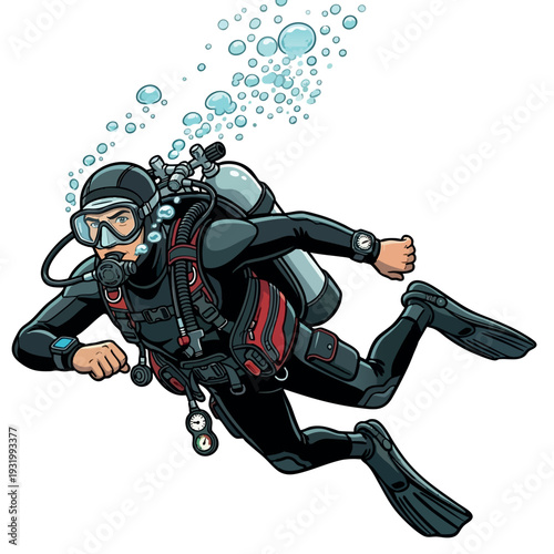 Modern scuba diver swimming with gear and bubbles