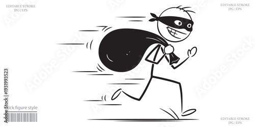 Stick Figure Cartoon Thief Running with Money Sack