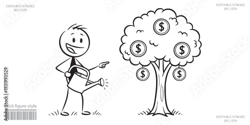 Stick Figure Cartoon Businessman Presenting Money Tree with Dollar Signs