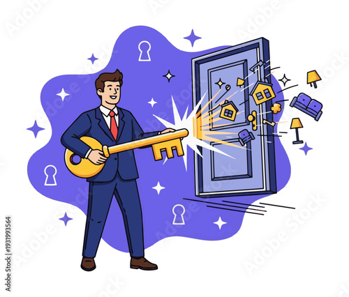 Businessman unlocking new home with giant key
