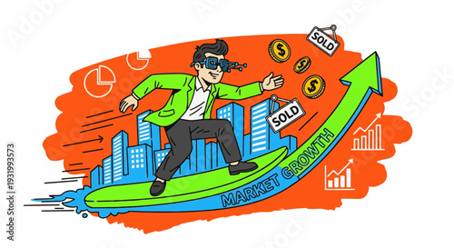 Businessman riding market growth wave with rising sales and profits