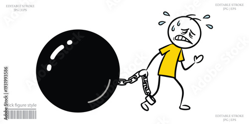 Stick Figure Cartoon Man Dragging Heavy Ball and Chain