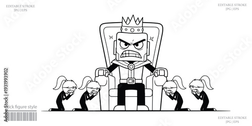 Stick Figure Cartoon Angry King Sitting on Throne with Bowing Subjects