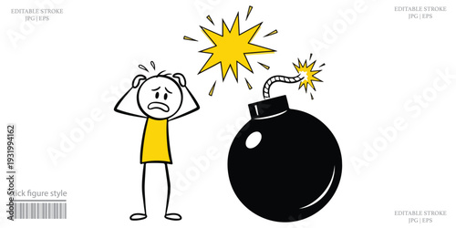 Stick Figure Cartoon Scared Person Panicking Near Bomb Explosion