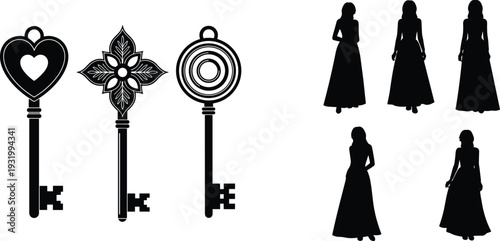 Black silhouette vector of ornate vintage skeleton keys with heart floral patterns and elegant women in long gowns for mystery concepts.