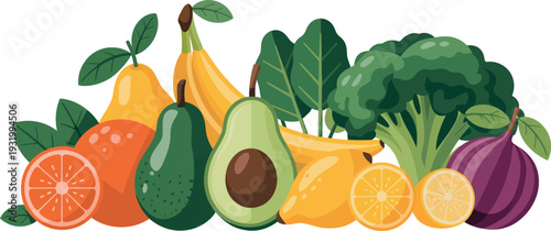 A colorful assortment of fruits and vegetables is arranged to form a decorative border. The group includes items like avocados, broccoli, pears, and citrus fruits clustered together.