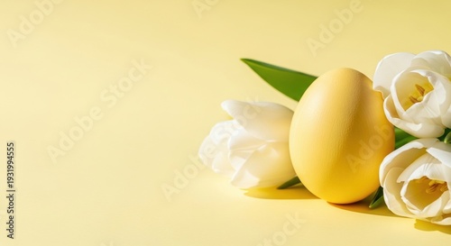 yellow easter egg with white tulips on a pastel yellow background for a spring celebration