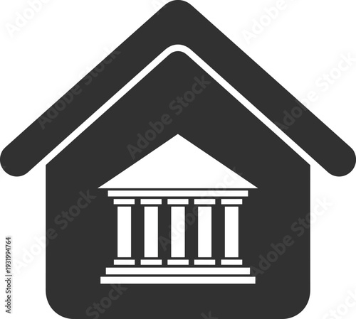 Public building or bank icon inside house silhouette for financial services