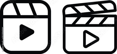 Clapper board icon set. Open and closed movie clapper. Vector EPS 10, Photo and video icon set. Icons of photography, image, photo gallery, video camera and photo camera. Diaphragm icon. image, video