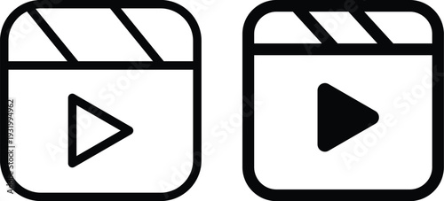 Clapper board icon set. Open and closed movie clapper. Vector EPS 10, Photo and video icon set. Icons of photography, image, photo gallery, video camera and photo camera. Diaphragm icon. image, video