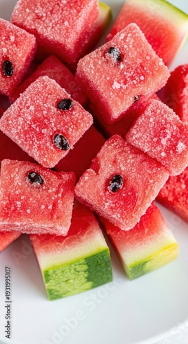 close-up of fresh watermelon cubes with seeds on a white plate, vibrant and refreshing