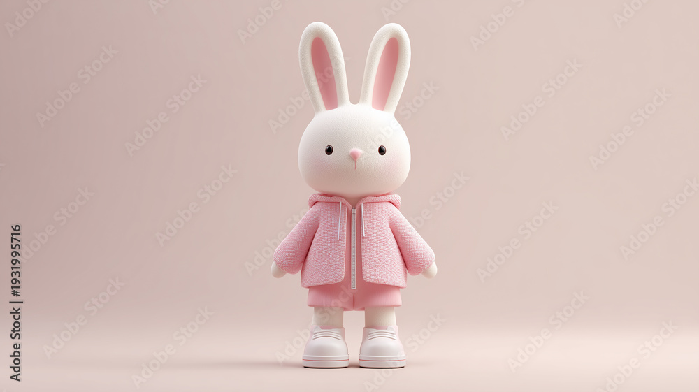 Obraz premium Cute 3D rabbit in pink textured hoodie and sneakers on pastel background; minimalist toy character design with plenty of space for text.