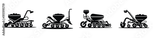 Potato Planter Icons: Agricultural Machinery and Farm Equipment Vector Set for Planting, Sowing, and Tilling Graphic Design