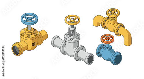 Colorful industrial pipe valves isometric design in cartoon style