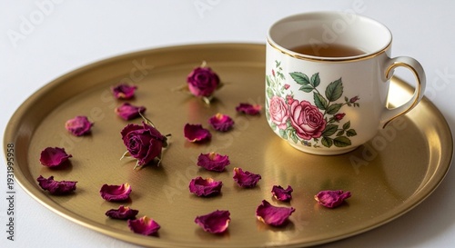 Elegant tea cup on gold tray with roses and petals