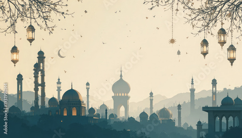 Illustration of a mosque complex with domes and minarets at dusk with hanging lanterns and crescent moon