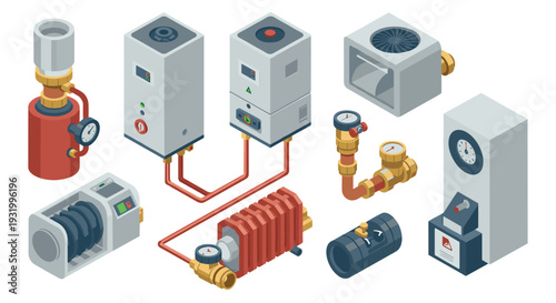 Isometric industrial hvac equipment with pipes and valves for heating and cooling systems