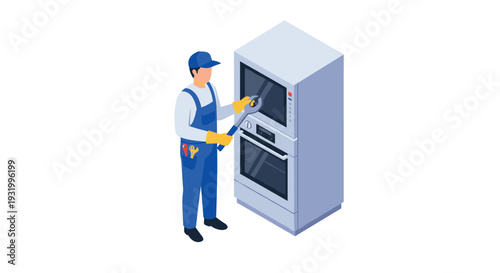 Isometric technician repairing kitchen appliances