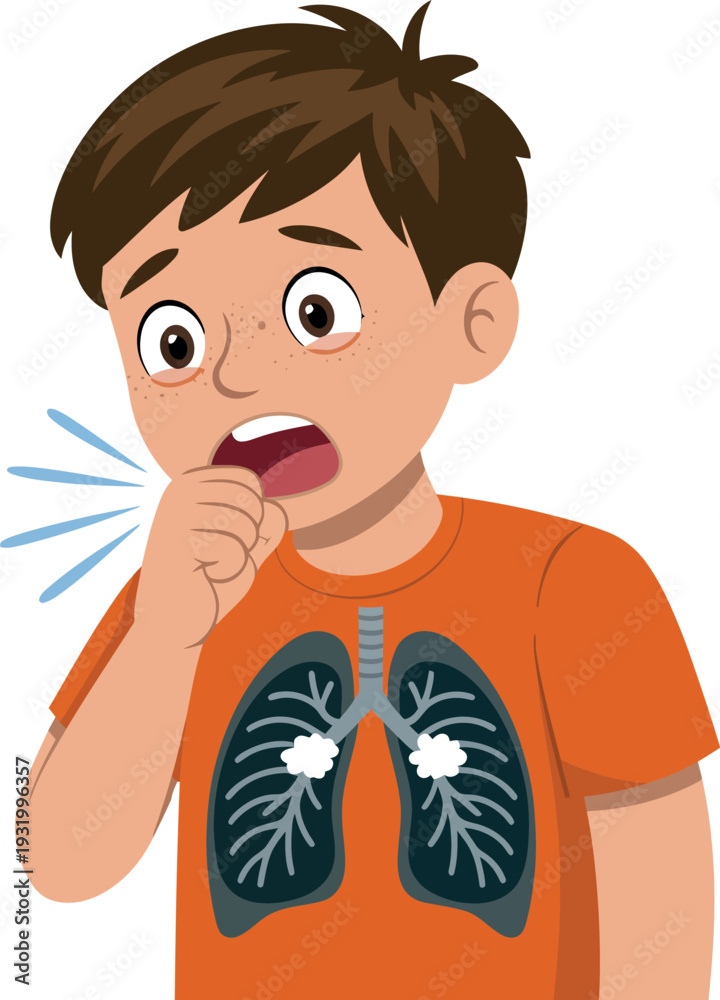 Obraz premium A young boy coughing with a graphic of lungs on his shirt