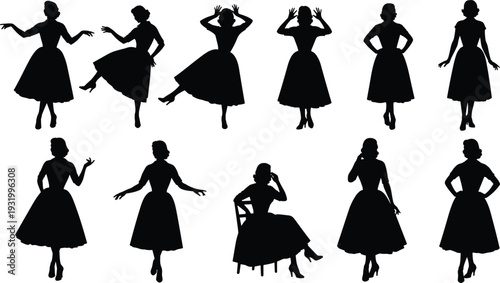 Black silhouette set of 1950s retro fashion women, vintage pinup girls posing in mid-century cocktail dresses, elegant female figures isolated.