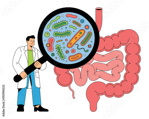 A scientist examines the human gut microbiome with a magnifying glass to study bacteria and microorganisms.