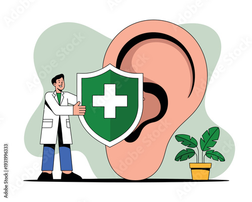 A doctor protecting a large ear with a green shield featuring a white cross, symbolizing hearing protection and healthcare.